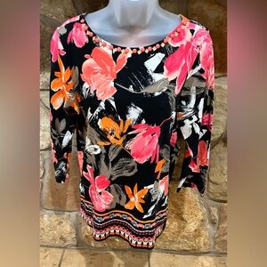 Ruby Rd. Vibrant Floral Blouse Womens Medium Chocolate Brown & Coral Bead Detail